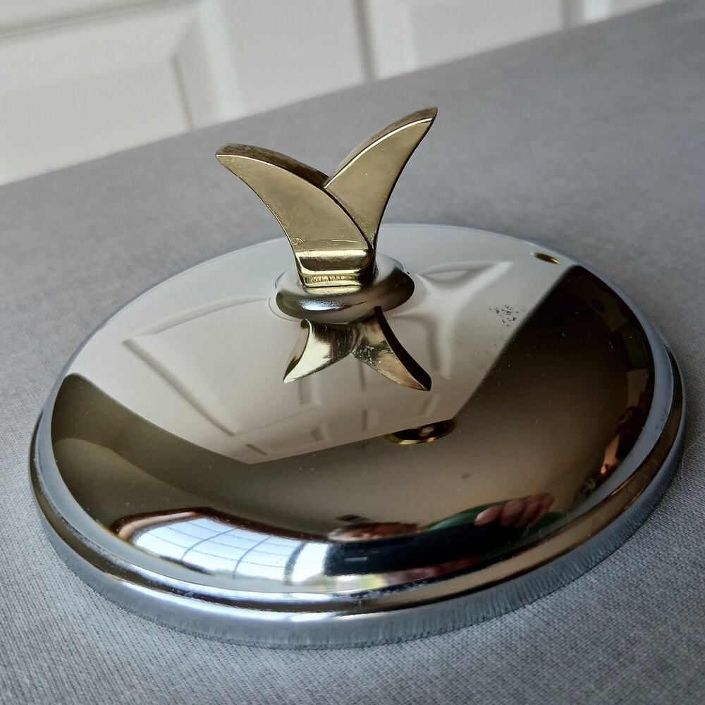 Kromex Serving Set 4" polka dot glass, lid, & 2 silver chrome plates VTG 50s MCM - Picture 9 of 16